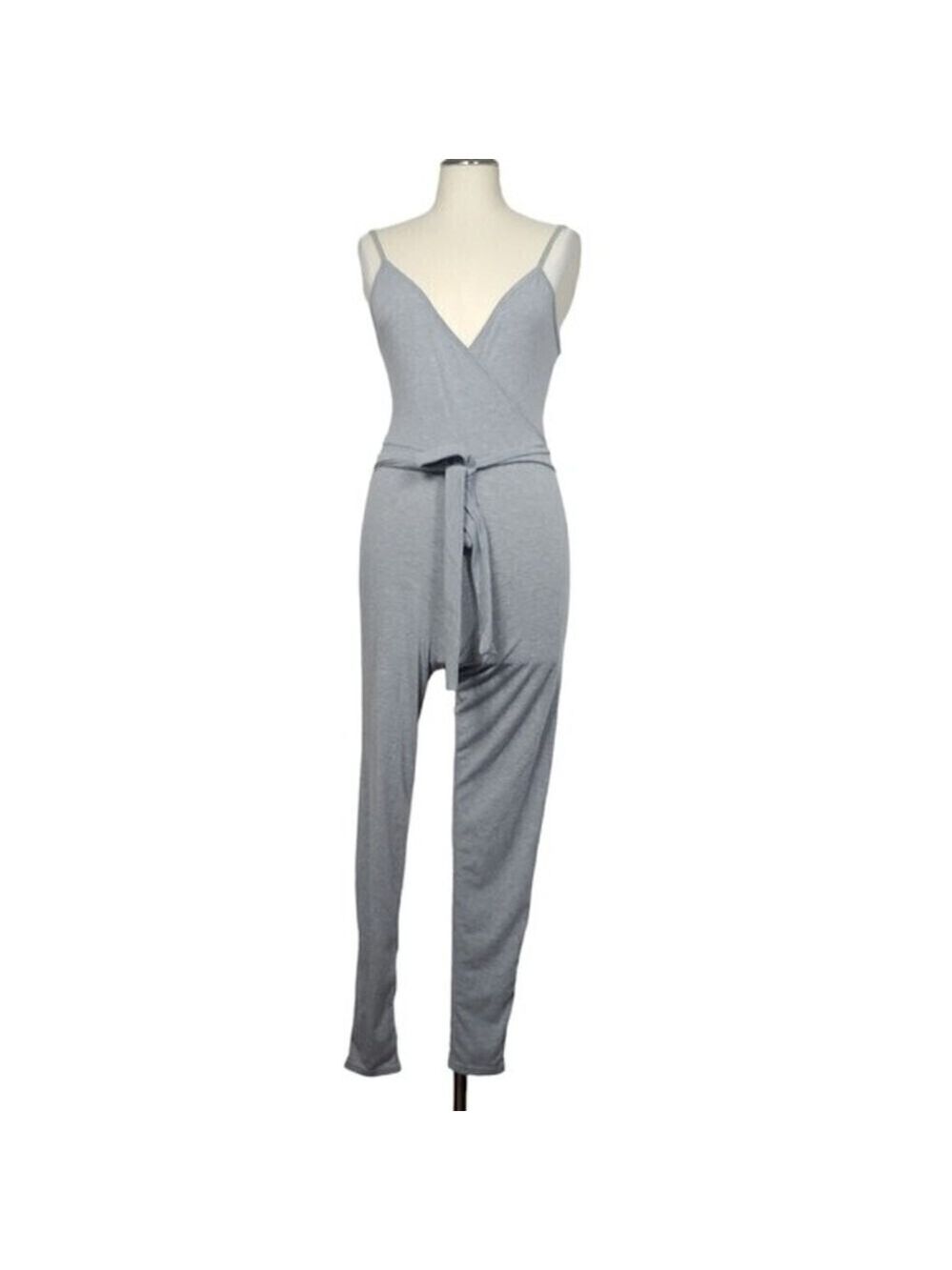 PrettyLittleThing Marl Jersey Wrap Tie Waist Gray V Neck Sleeveless Jumpsuit 4